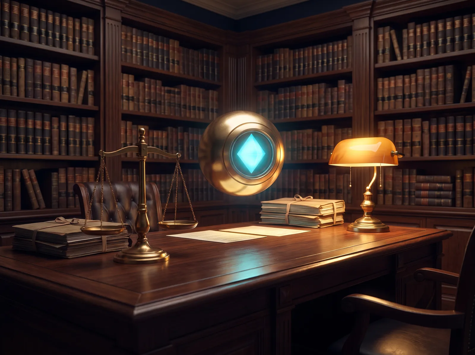 Escritório de advocacia clássico, com estantes de livros, balança e a esfera do Oráculo flutuando sobre a mesa